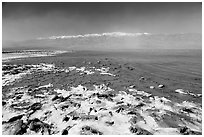 Salt formations and Manly Lake, morning. Death Valley National Park, California, USA. (black and white)