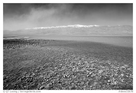 Salt formations on the shore of Manly Lake, morning. Death Valley National Park (black and white)