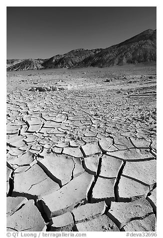 Mud cracks and Funeral mountains. Death Valley National Park (black and white)