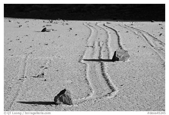 Gliding stones, the Racetrack playa. Death Valley National Park (black and white)