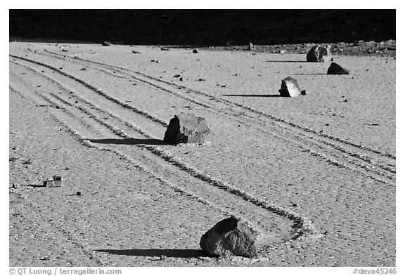 Gliding rocks and trails the Racetrack playa. Death Valley National Park (black and white)