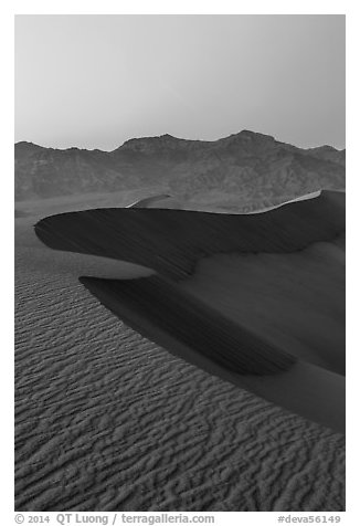 Sand dunes and Amargosa Range at dusk. Death Valley National Park (black and white)