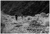 Hikers in a side canyon. Death Valley National Park, California, USA. (black and white)