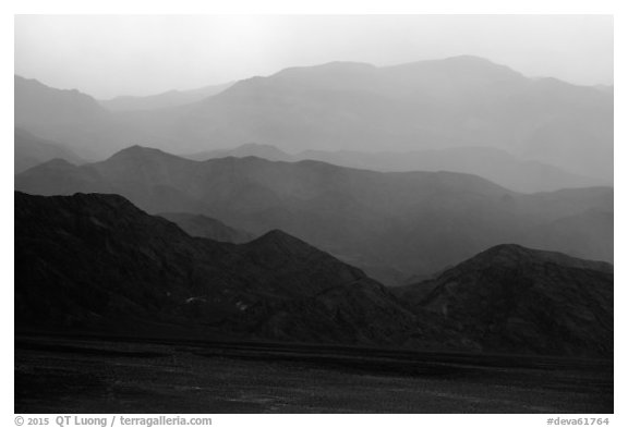 Mountains in the haze of sandstorm. Death Valley National Park (black and white)