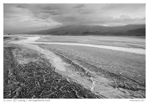 Mud patterns and dried salt rivers, Cottonball Basin. Death Valley National Park (black and white)