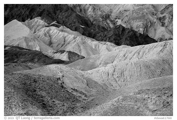 Multicolored badlands, Twenty Mule Team Canyon. Death Valley National Park (black and white)