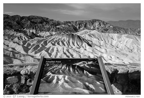 Zabriskie Point Interpretive sign. Death Valley National Park (black and white)