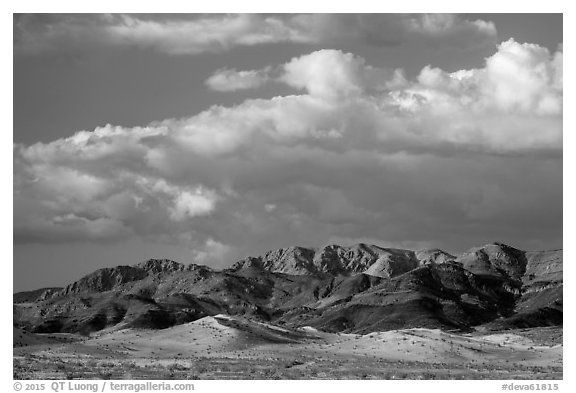 Distant Ibex Dunes and Saddle Peak Hills. Death Valley National Park (black and white)