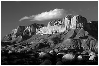 Boulders, El Capitan, and Guadalupe Range, sunset. Guadalupe Mountains National Park, Texas, USA. (black and white)