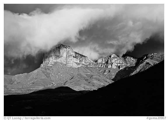 El Capitan and low clouds at sunrise. Guadalupe Mountains National Park (black and white)