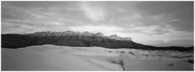 Desert and mountain scenery with gypsum dunes at sunset. Guadalupe Mountains National Park (Panoramic black and white)