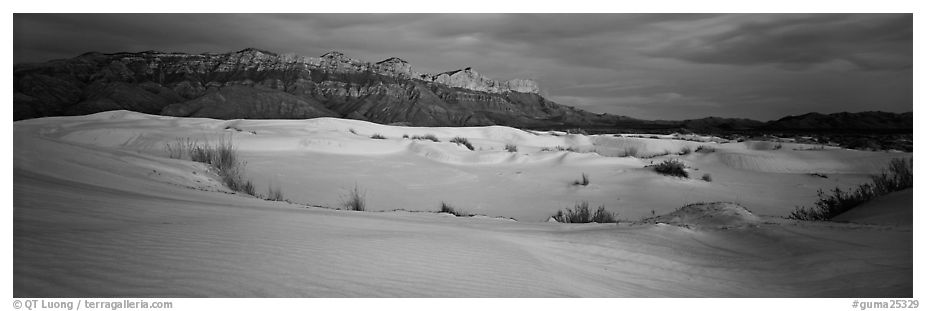 White gypsum dunes and Guadalupe range. Guadalupe Mountains National Park (black and white)