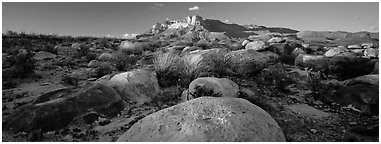 Boulders and Guadalupe range. Guadalupe Mountains National Park (Panoramic black and white)