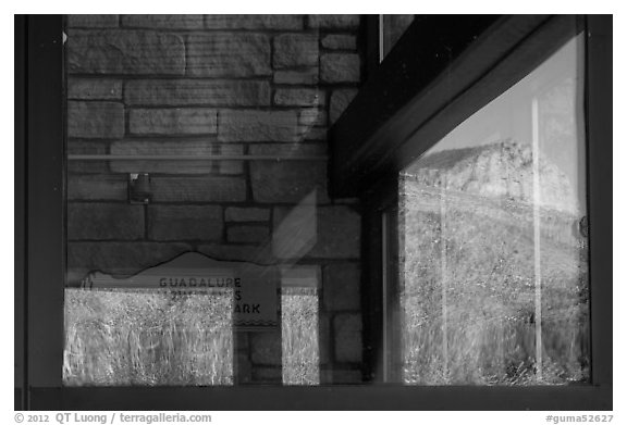 Mountain, visitor center window reflexion. Guadalupe Mountains National Park (black and white)