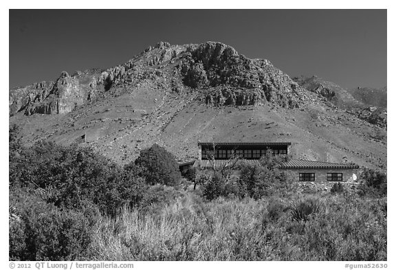 Visitor center and Hunter Peak. Guadalupe Mountains National Park (black and white)