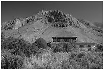 Visitor center and Hunter Peak. Guadalupe Mountains National Park, Texas, USA. (black and white)