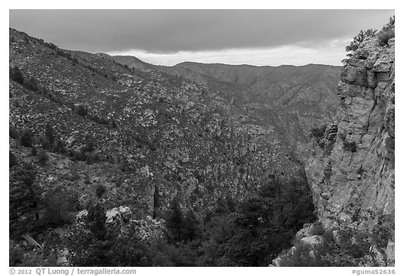 Cliffs and forested slopes, approaching storm. Guadalupe Mountains National Park, Texas, USA.