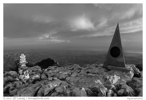 Cairn and monument on summit of Guadalupe Peak. Guadalupe Mountains National Park (black and white)