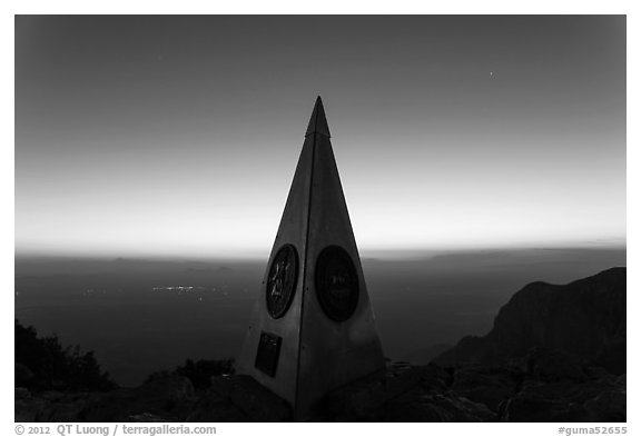 Summit monument at dusk. Guadalupe Mountains National Park (black and white)