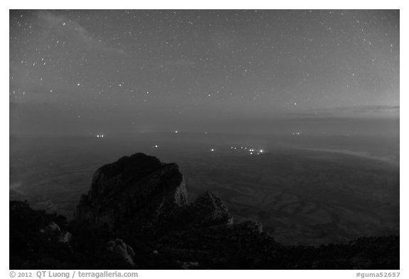 El Capitan and plain from Guadalupe Peak at night. Guadalupe Mountains National Park (black and white)