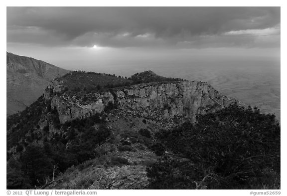 Cloudy sunrise from flanks of Guadalupe Peak. Guadalupe Mountains National Park (black and white)