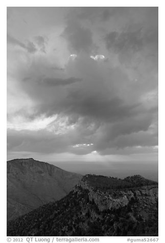 Dark clouds at sunrise over mountains. Guadalupe Mountains National Park (black and white)