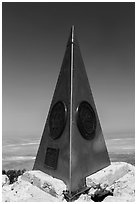Stainless steel monument placed by American Airlines in the 1950s on top of Guadalupe Peak. Guadalupe Mountains National Park, Texas, USA. (black and white)
