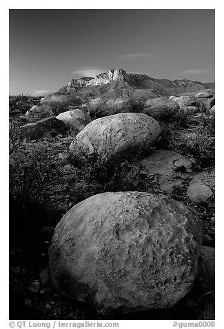 Limestone boulders and El Capitan from the South, dusk. Guadalupe Mountains National Park (black and white)