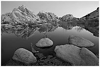 Boulders reflected in water, Barker Dam, dawn. Joshua Tree National Park ( black and white)