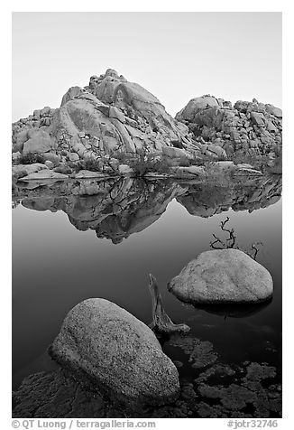 Rockpiles and reflections, Barker Dam, dawn. Joshua Tree National Park (black and white)