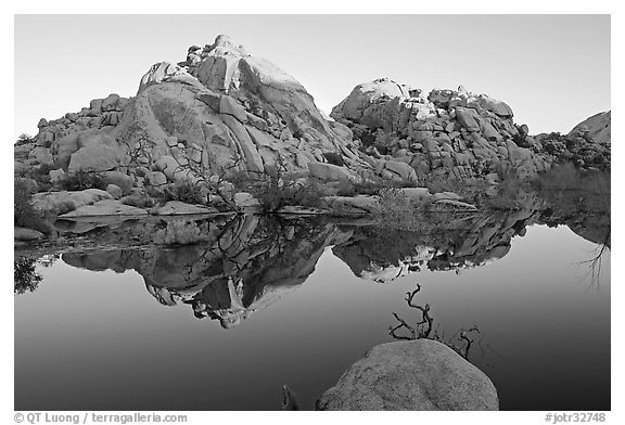 Rocks reflected in reservoir, Barker Dam, sunrise. Joshua Tree National Park (black and white)