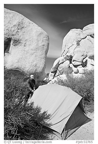 Camper and tent, Hidden Valley Campground. Joshua Tree National Park (black and white)