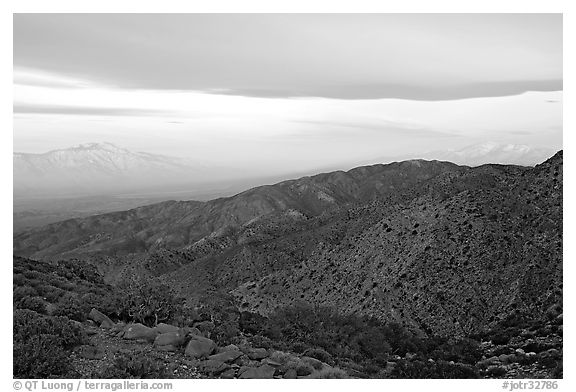Mt San Jacinto and Signal Mountain from Keys View, sunrise. Joshua Tree National Park (black and white)