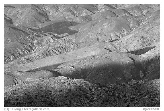 Eroded hills below Keys View, early morning. Joshua Tree National Park (black and white)
