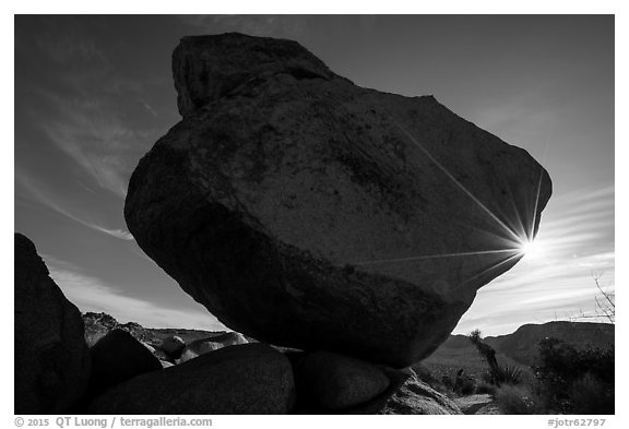 Balanced Rock with sunstar. Joshua Tree National Park (black and white)