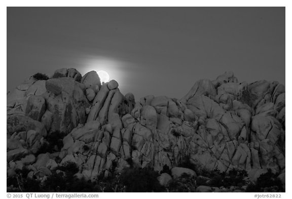 Moonset over rocks delimiting Hidden Valley. Joshua Tree National Park (black and white)