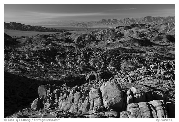 View over boulders from Mastodon Peak. Joshua Tree National Park (black and white)