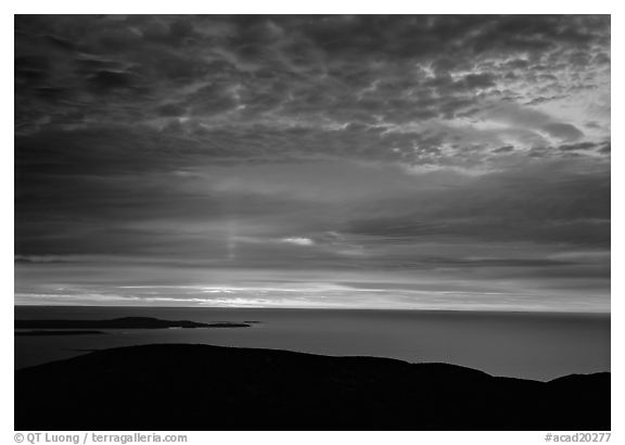 Clouds and Ocean from Mt Cadillac at sunrise. Acadia National Park (black and white)