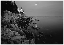 Bass Harbor Lighthouse, moon and reflection. Acadia National Park, Maine, USA. (black and white)