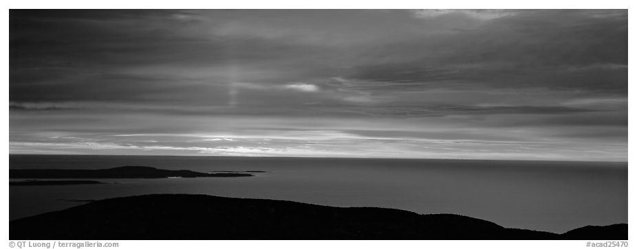 Red clouds over ocean at sunrise. Acadia National Park (black and white)