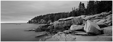 Rocky ocean shore at sunrise, Otter Point. Acadia National Park (Panoramic black and white)