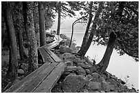 Boardwalk on shores of Jordan Pond. Acadia National Park, Maine, USA. (black and white)