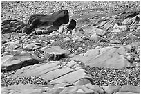 Slabs and pebbles on beach, Schoodic Peninsula. Acadia National Park, Maine, USA. (black and white)