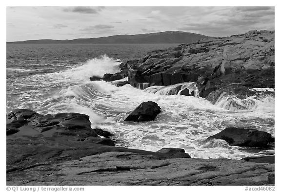Wave, Schoodic Point, and Cadillac Mountain. Acadia National Park (black and white)