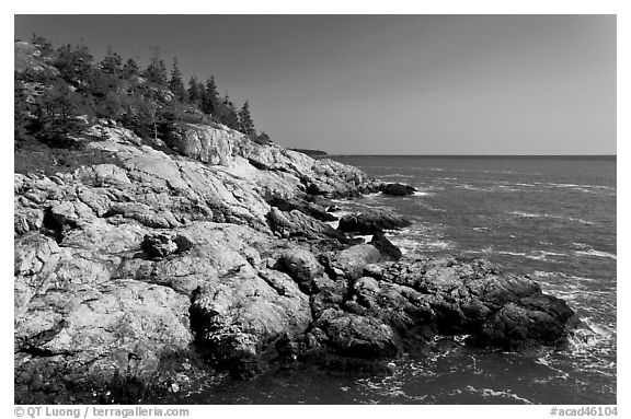 Rocky coast and blue waters, Isle Au Haut. Acadia National Park (black and white)