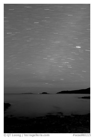 Night sky with star trails, Schoodic Peninsula. Acadia National Park, Maine, USA.