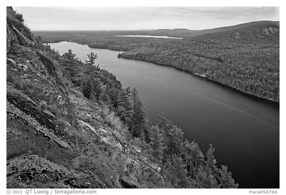 Echo Lake seen from Beech Cliff. Acadia National Park (black and white)