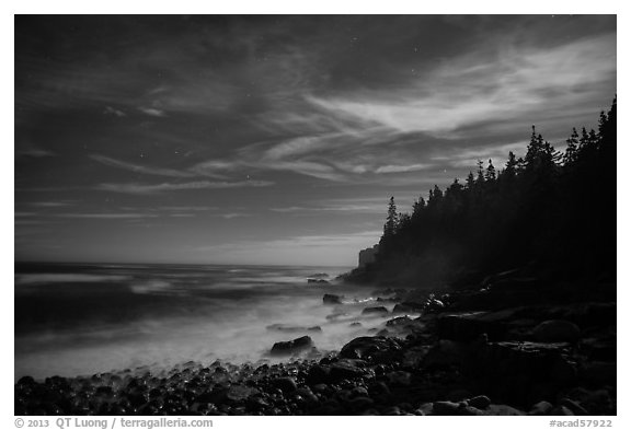 Coastline and Otter Cliffs at night. Acadia National Park (black and white)