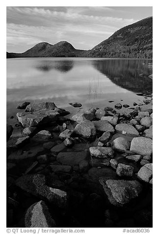 Jordan Pond and the hills named the Bubbles. Acadia National Park (black and white)