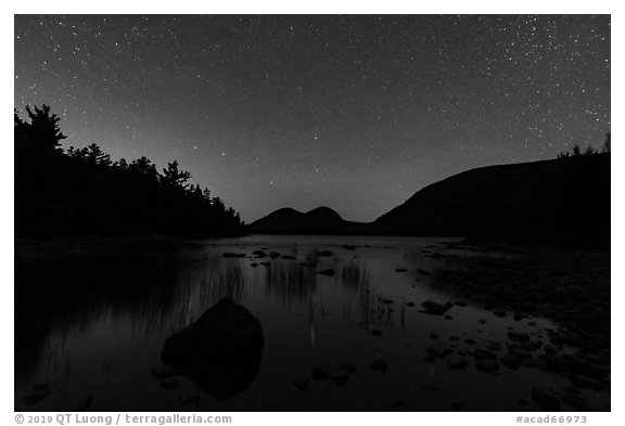 Jordan Pond and Bubbles at night. Acadia National Park (black and white)